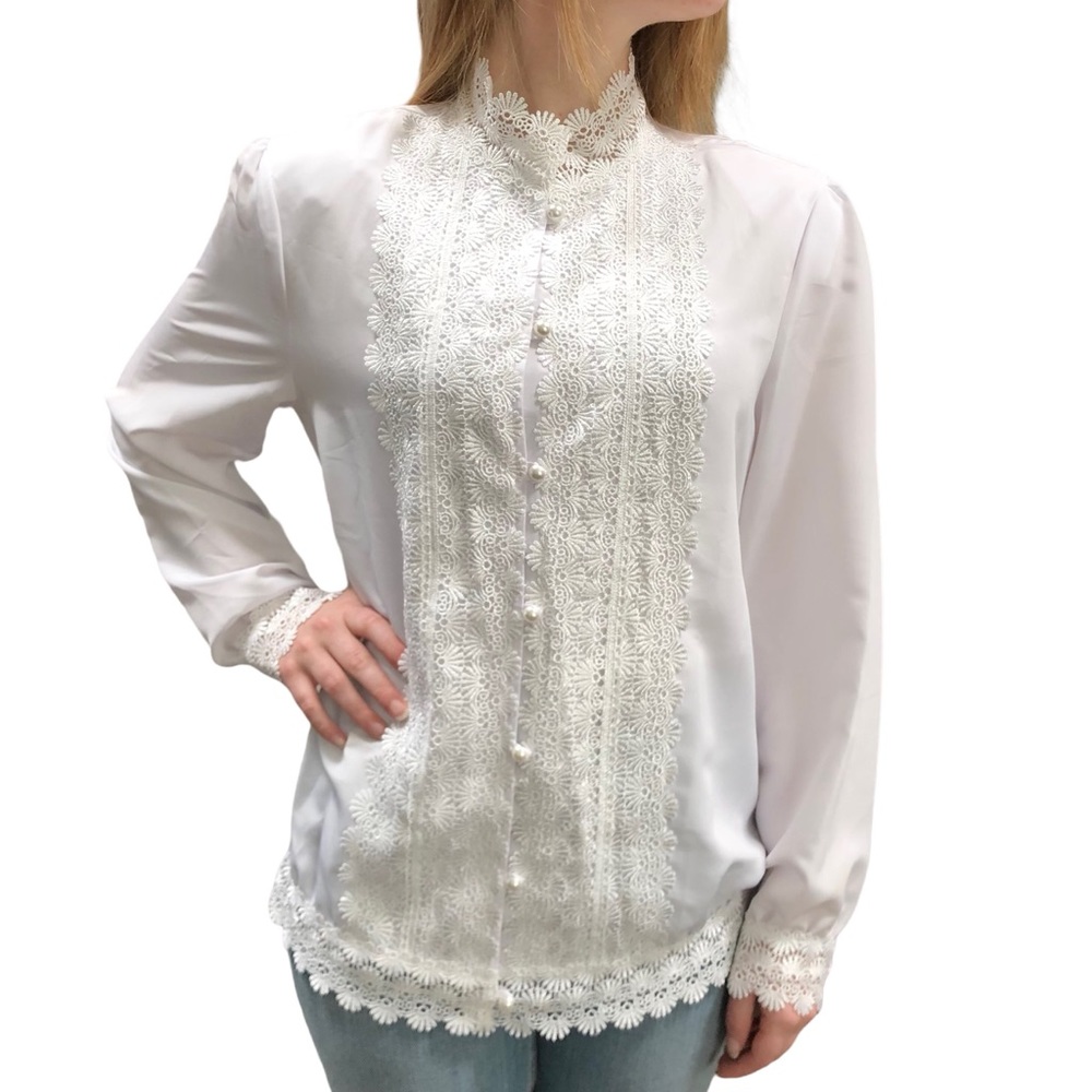 White Long-Sleeve Button Down Lace Blouse